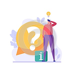 Man with big question mark. User asking frequently asked questions. Concept of customer guide, useful information, FAQ. Vector