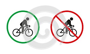 Man on Bike Warning Sign Set. Drive Bicycle Allowed and Prohibit Silhouette Icons. Cycling Red and Green Circle Symbol