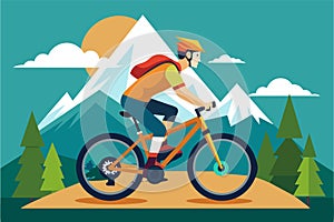 A man is biking down a dirt road surrounded by nature, Mountain biking Customizable Flat Illustration