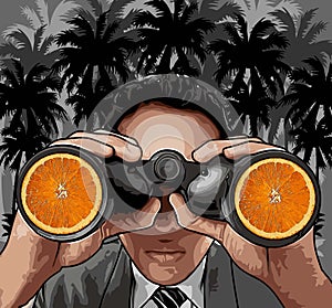 man with binoculars in a forest of coconut trees