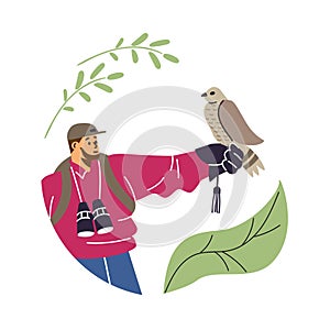 Man with binoculars and hawking glove holding falcon bird, vector Falconry training with professional equipment, foliage