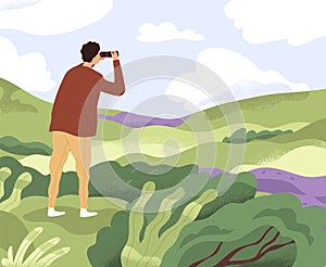Man with binoculars looking forward in future. Concept of discovering new horizons, finding solutions, searching and