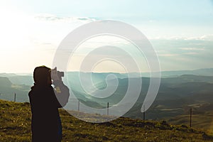Man Binoculars Looking Caucasian Mountain view Cloudscape Traveling Concept
