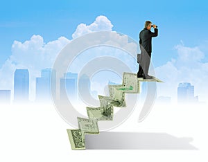 Man with binoculars on money stairs seeking financial success ad