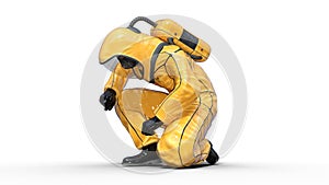 Man in biohazard protective outfit kneeling, human with gas mask dressed in hazmat suit for toxic and chemicals protection, 3D