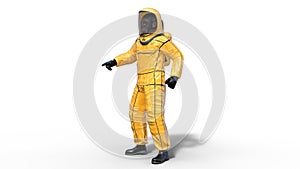 Man in biohazard protective outfit pointing, human with gas mask dressed in hazmat suit for toxic and chemicals protection, 3D