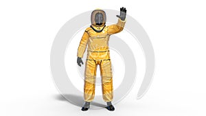 Man in biohazard protective outfit waving, human with gas mask dressed in hazmat suit for toxic and chemicals protection, 3D