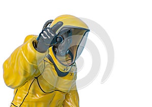 Man in a biohazard suit is argumenting