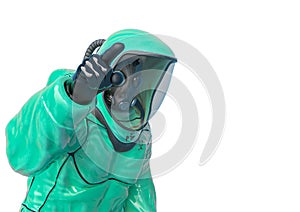 Man in a biohazard suit is argumenting