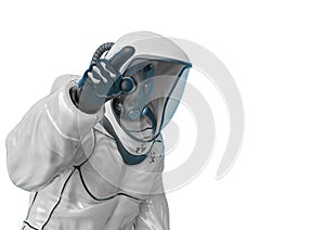 Man in a biohazard suit is argumenting