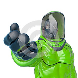 Man in a biohazard suit saying have a goodone