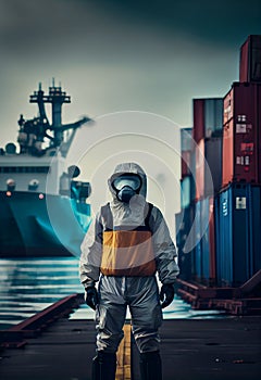 A man in a biosecurity suit in the port against the background of cranes, ships and cargo containers. Toxic chemical