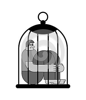 Man in birdcage isolated. concept of captivity and isolation