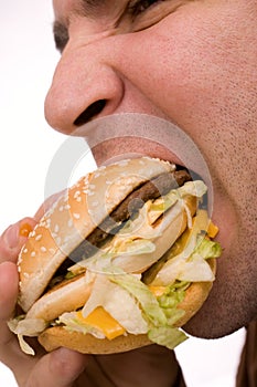 Man biting hamburger macro on white
