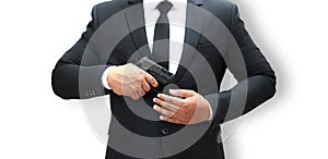 A man in a black bodyguard suit is holding a pistol at chest level ready to keep the VIPs safe. White background isolate