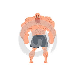 Man In Black Boxers Bodybuilder Funny Smiling Character On Steroids Demonstrating Muscles In Front Lat Spread Pose As photo
