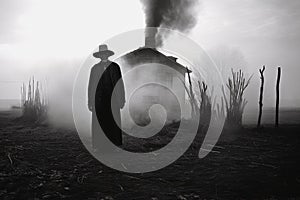 Man in black cloak and hat standing near house with smoke coming out of chimney.