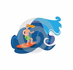 Man with black eyeglasses surfing in blue ocean sea wave, beach summer activity extreme sport cartoon flat illustration vector