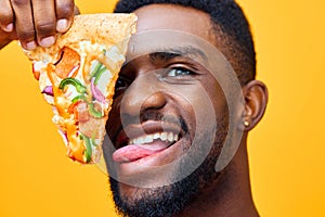 man black fast food happy background guy italian concept smile delivery pizza food