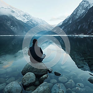 Man in black jacket sitting rock calm mountain lake snowy peaks at dusk