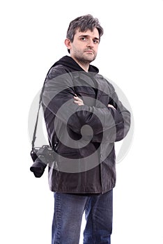 Man in black leather jacket photo camera