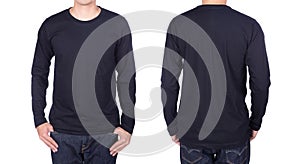 Man in black long sleeve t-shirt isolated on white background