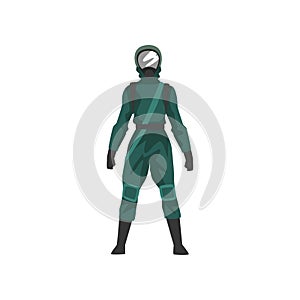 Man in Black Protective Suit and Helmet, Chemical Industry Professional Safety Uniform Vector Illustration