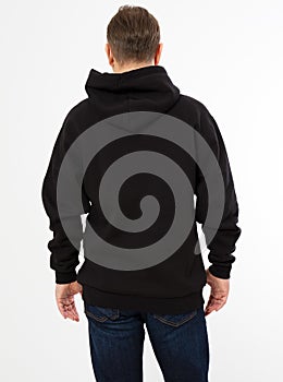 Man in black pullover hoodie mockup - back view