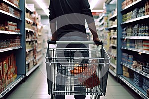 Man in a black shirt and jeans with shopping cart in the supermarket. Closeup rear view of a man strolling a shopping cart, AI