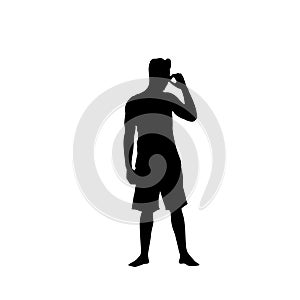 Man Black Silhouette Speak On Cell Smart Phone Call Standing Full Length Over White Background