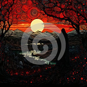 a man in black standing in front of a red sunset