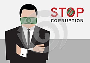 A man in black suit with big money cash gag or bribe on transparency background represent to the stop corruption campaign by vecto