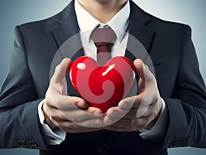 man in a black suit holding a card in the shape of a red heart