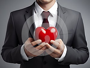 man in a black suit holding a card in the shape of a red heart