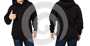 Man in black sweatshirt template isolated. Male black sweatshirts set with mockup and copy space. Hoody design. Hoodie front and
