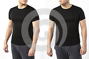 A man in a black t-shirt on a white background, a t-shirt with a place for writing