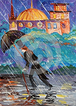 A man in a black tailcoat and top hat under a black umbrella walks in the rain against a strong wind against the