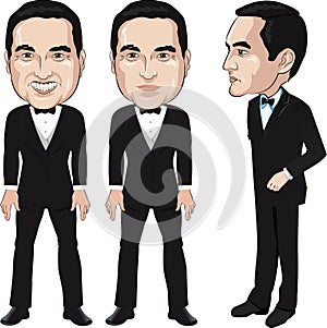 A man in black tie character in formal clotes, animation ready vector doll, formal clotes, with separate joints. Gestures