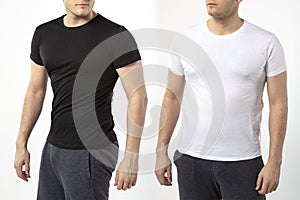 a man in a black and white t-shirt on a white background, a shirt with a place for writing