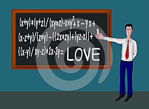 Man with blackboard and love formula