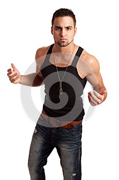 Man in BlackShirt and Jeans