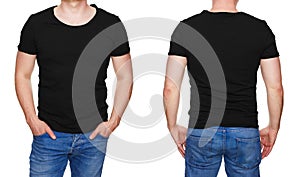 Man in blank black tshirt front and rear isolated on white