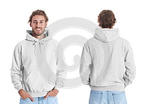Man in blank hoodie sweater on white background, front and back views.