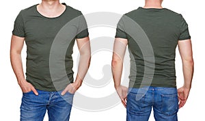 Man in blank khaki green tshirt front and rear isolated on white