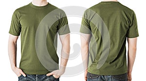 Man in blank khaki t-shirt, front and back view photo