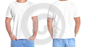 Man in blank t-shirt on white background, front and back views