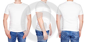 Man in blank white tshirt front, from side and rear