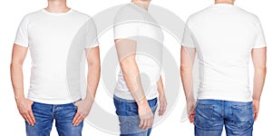 Man in blank white tshirt front, from side and rear photo