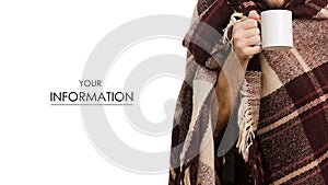 A man in a blanket is sick in hand cup tea pattern