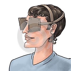 man with blinders on his face